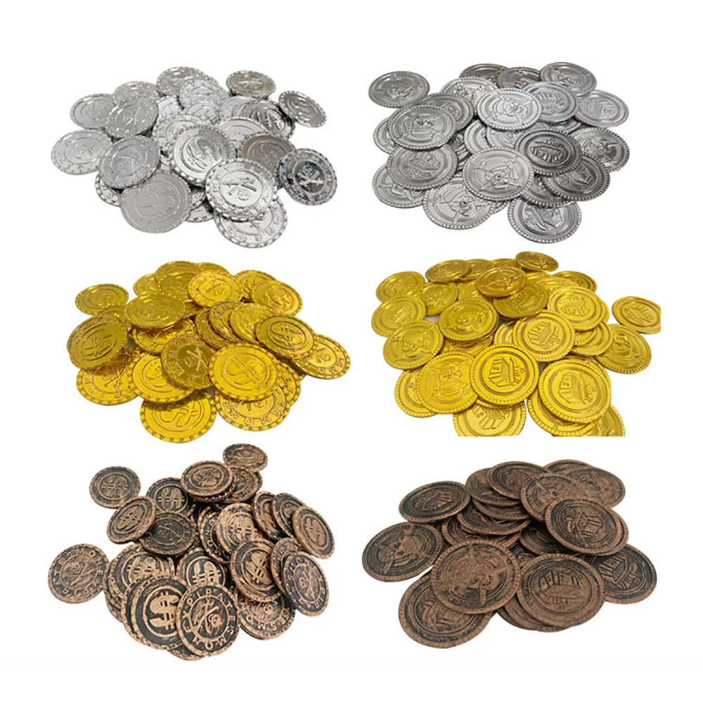 Arcade Game Coin - เหรียญเงินสีทองโจรสลัดพลาสติก100/200ชิ้นของตกแต่งงานปาร์ตี้วันฮาโลวีนวันเกิดสำหรับเด็กเหรียญปลอมอุปกรณ์สำหรับการล่าสมบัติ