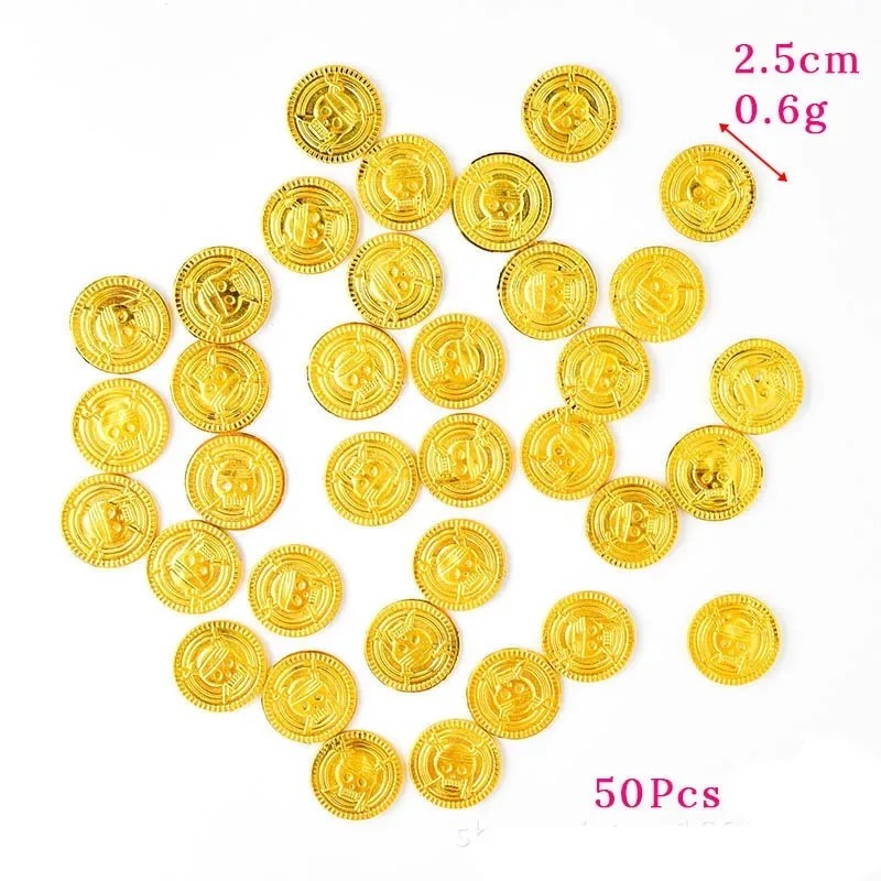 Arcade Game Coin - เหรียญทองโจรสลัดปลอม 50 ชิ้น ทำจากพลาสติก ของตกแต่งฮาโลวีน ของชำร่วยงานวันเกิดเด็ก